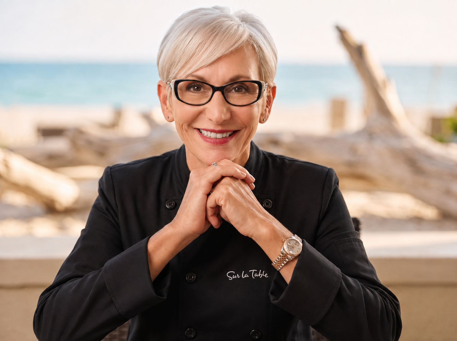 Chef Dawn smiling in a black chef coat at the beach