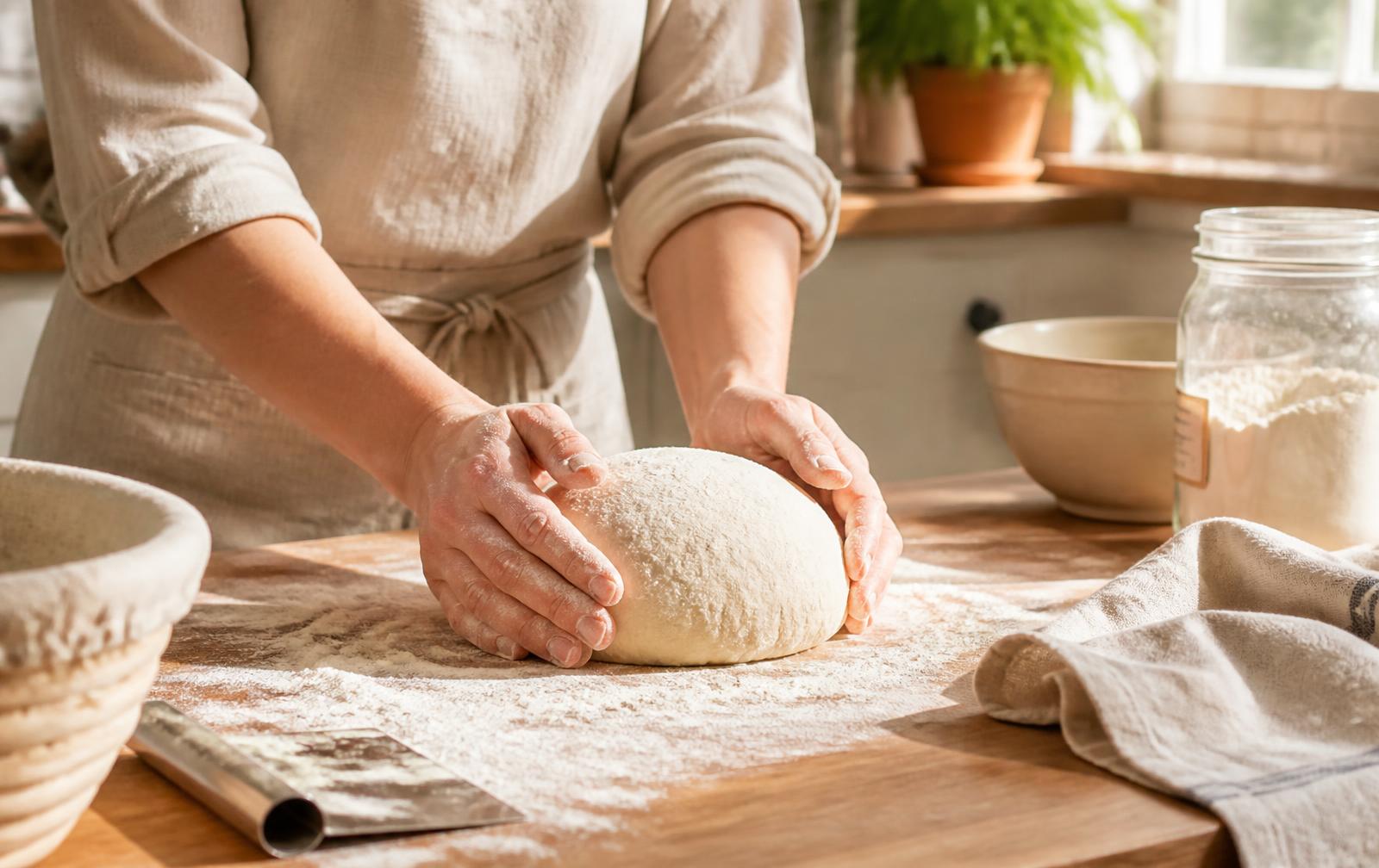 Floured hands shaping a round of sourdough dough on a wooden counter beside a banneton