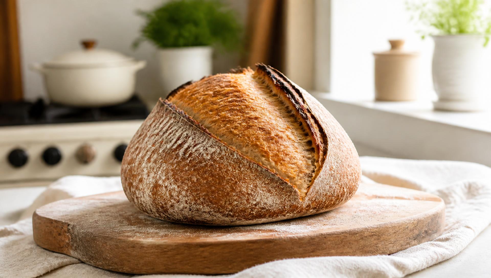 A round sourdough loaf with a deeply scored, golden-brown crust cooling on a wooden board in a sunny home kitchen